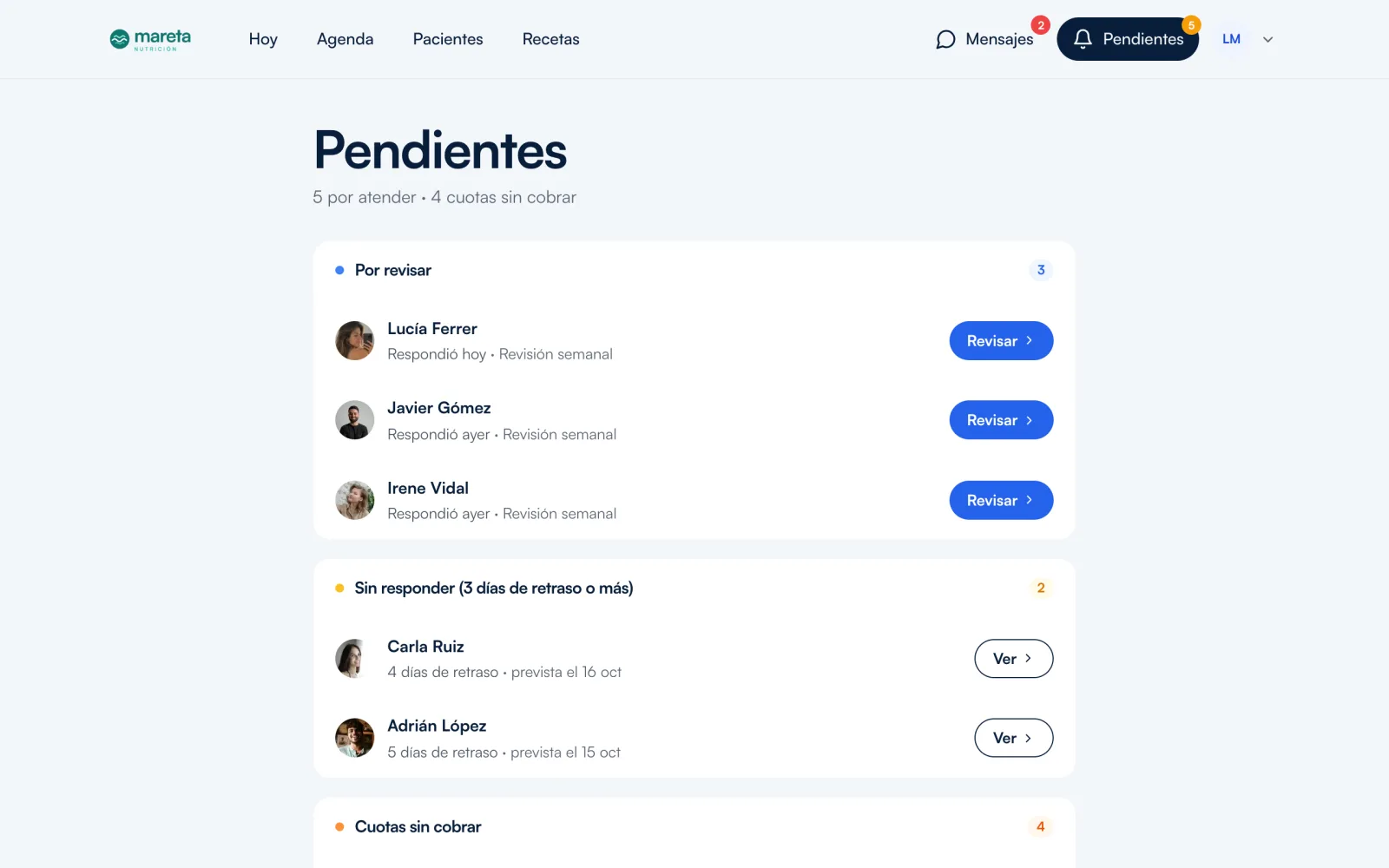 Página de pendientes: revisiones por revisar, pacientes sin respuesta y cuotas sin cobrar
