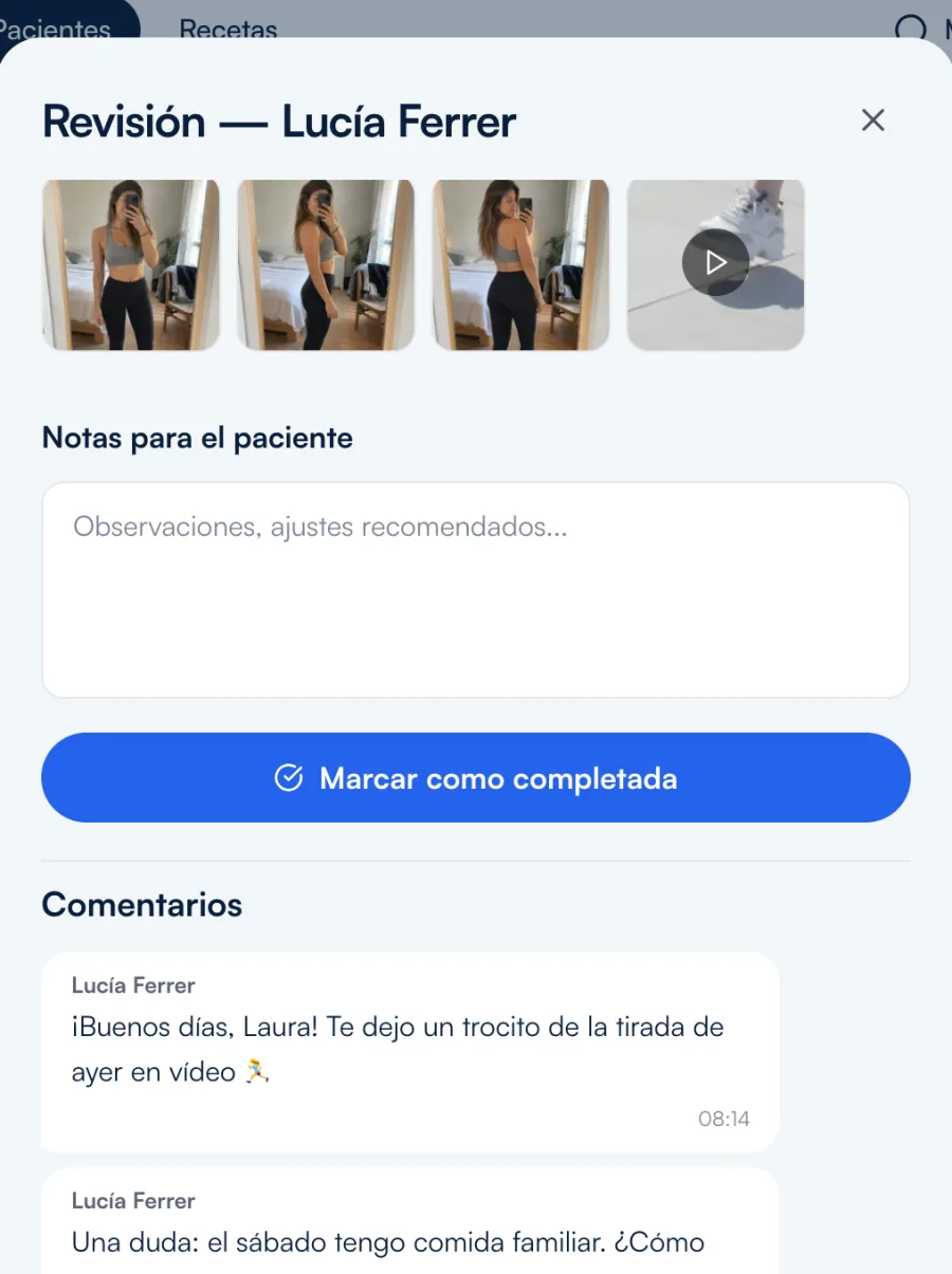 Revisión de una paciente con sus fotos, un vídeo y el chat