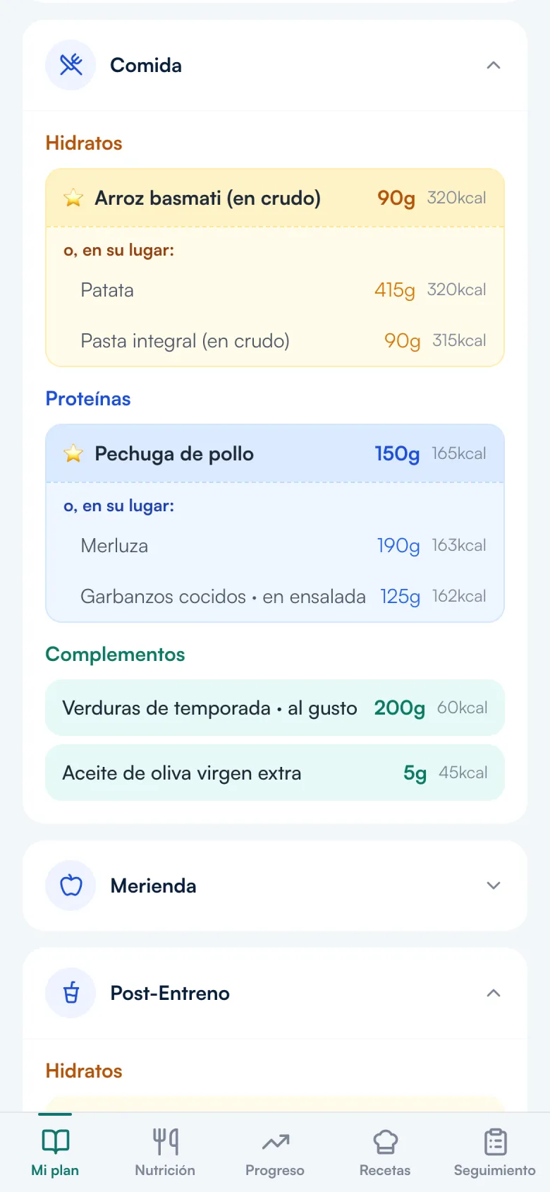 App del paciente: una comida con su opción principal y las alternativas