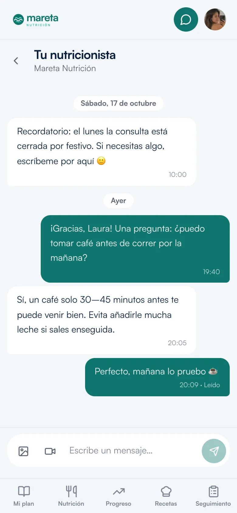 App del paciente: conversación con su nutricionista